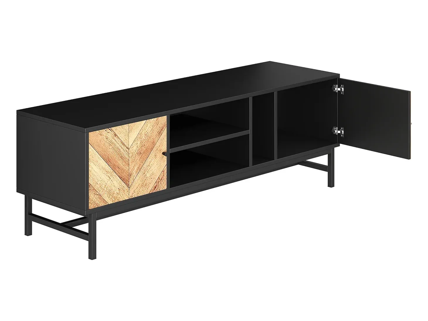 Móvel de TV preto e natural com 2 portas, pés em metal, portas com efeito de madeira, 150 x 38 x 55 cm