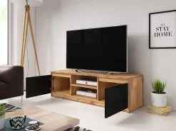 Móvel de TV simples 120 cm com LED, para televisor, 2 armários e prateleiras, corpo carvalho wotan, frentes preto fosco