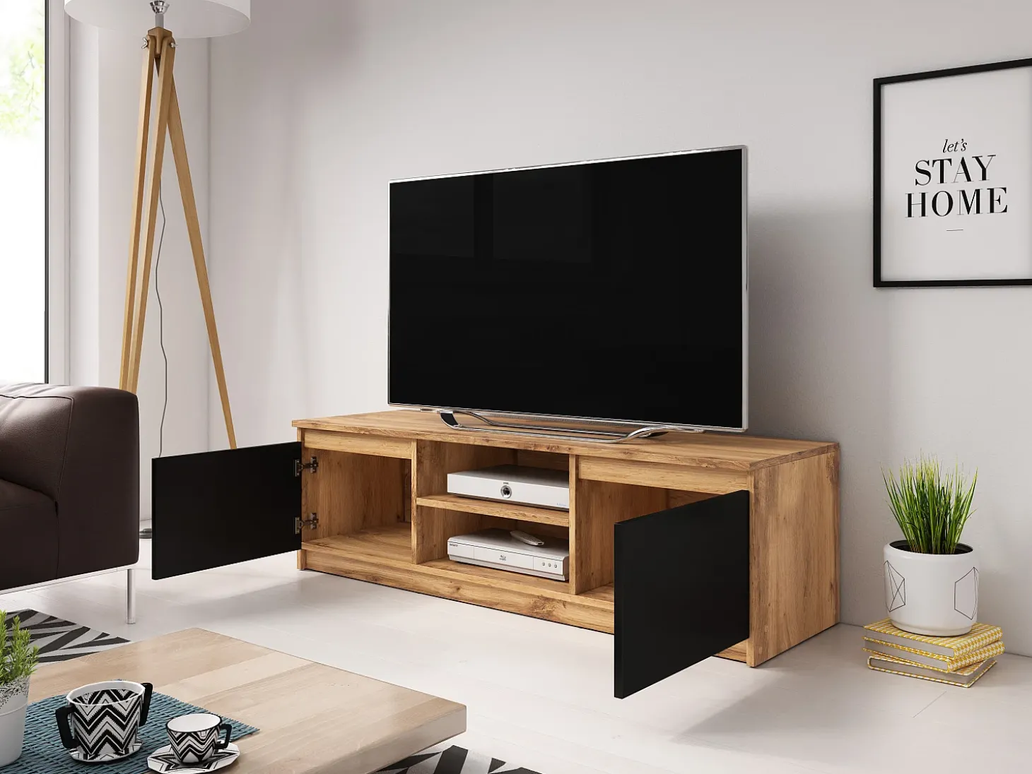 Móvel de TV simples 120 cm com LED, para televisor, 2 armários e prateleiras, corpo carvalho wotan, frentes preto fosco