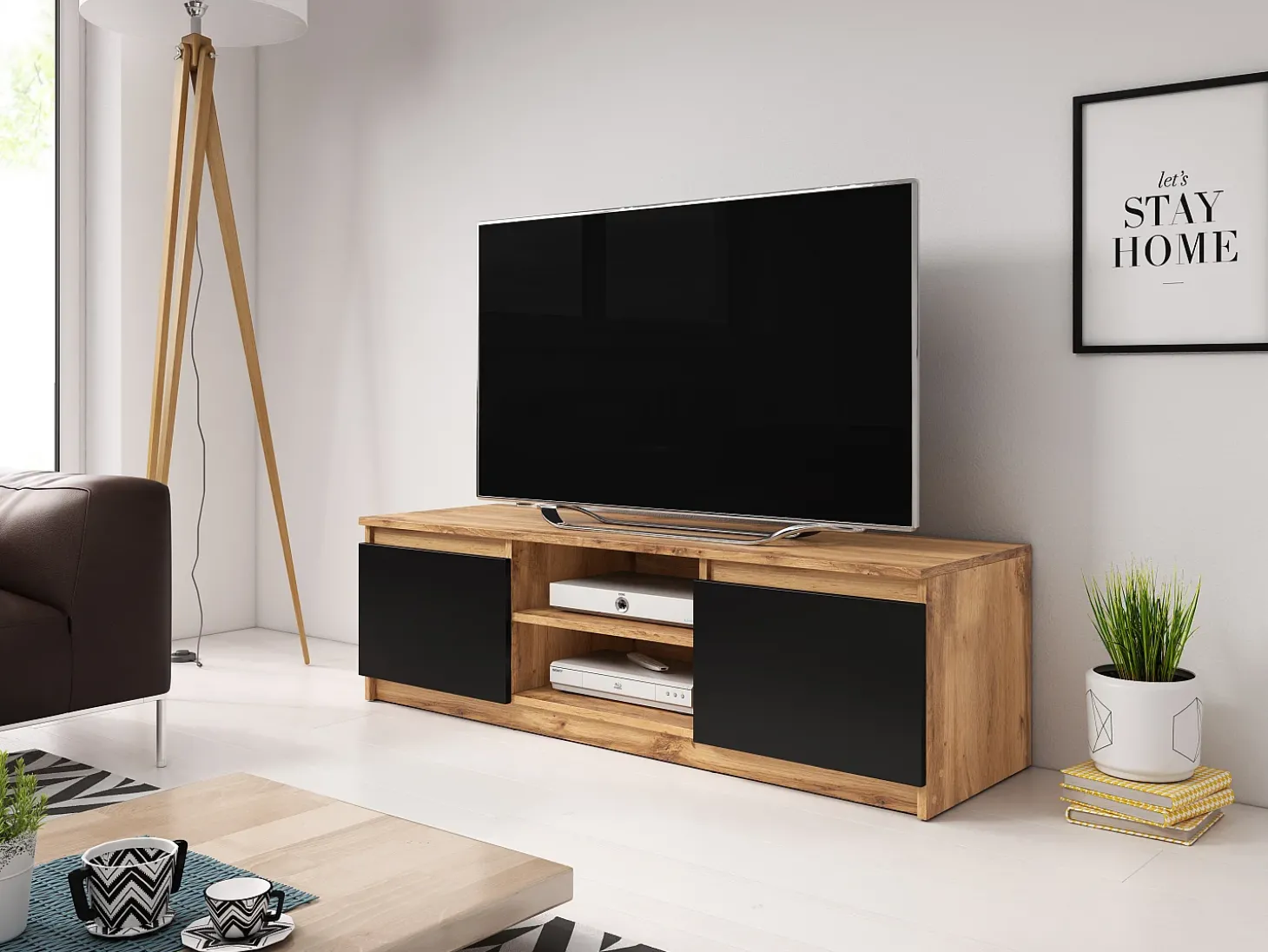 Móvel de TV simples 120 cm com LED, para televisor, 2 armários e prateleiras, corpo carvalho wotan, frentes preto fosco