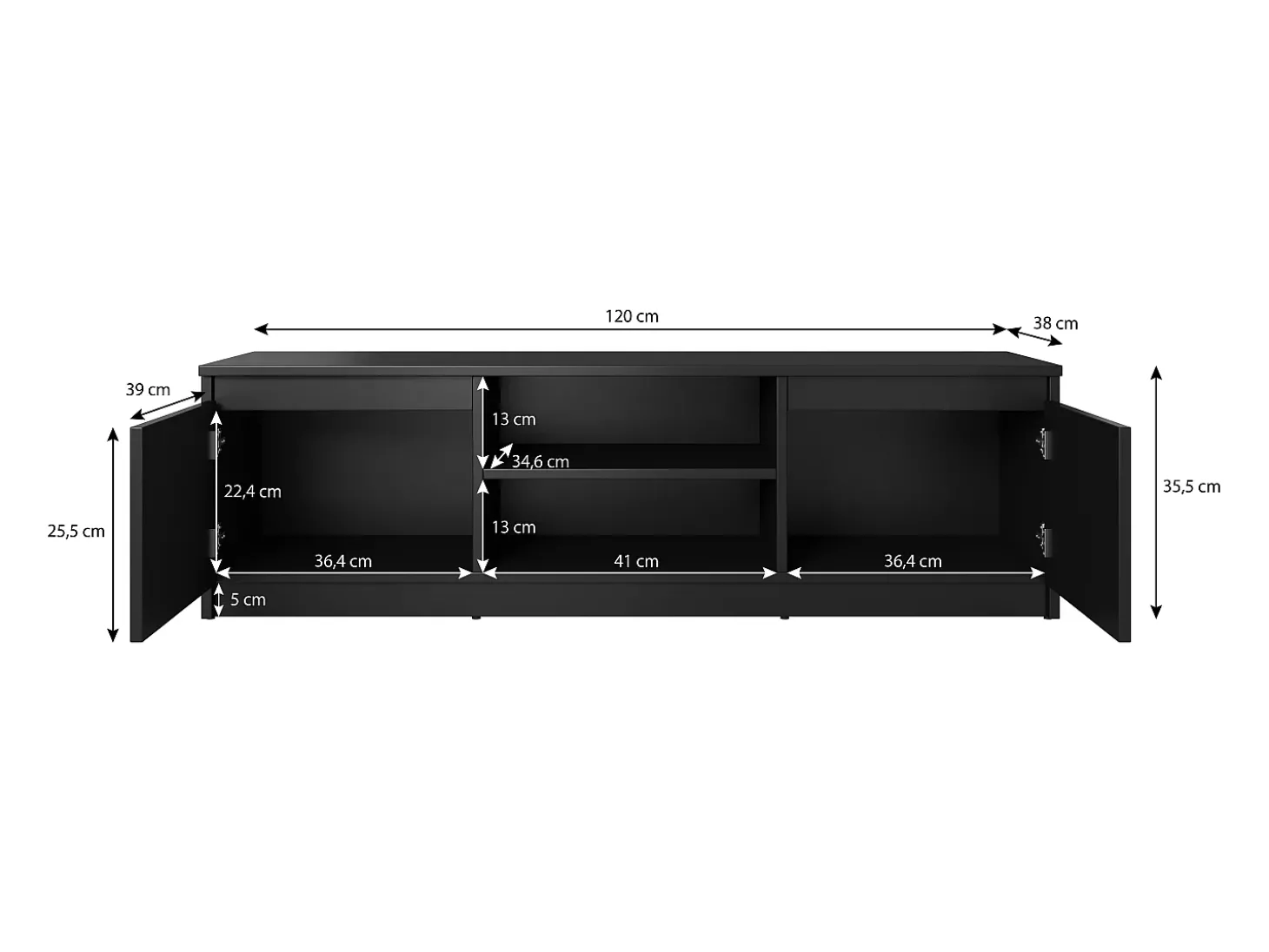 Móvel de TV simples 120 cm com LED, para televisor, 2 armários e prateleiras, castanheiro