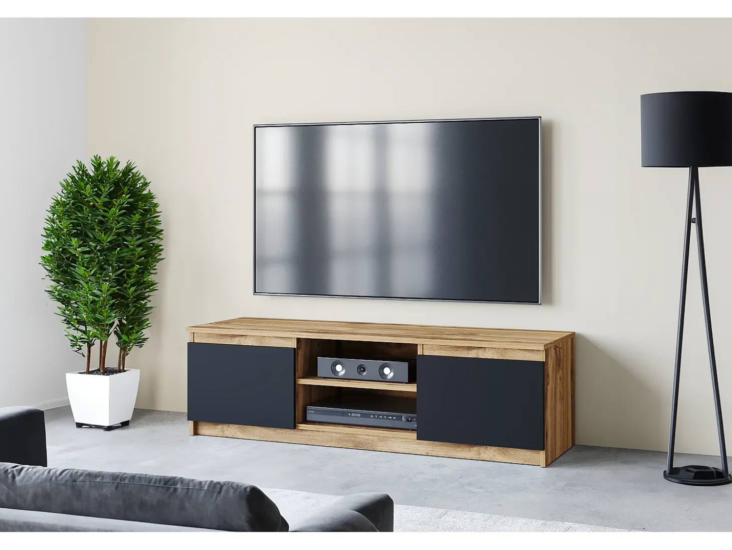 Móvel de TV simples 120 cm, para televisor, 2 armários e prateleiras, estrutura carvalho wotan, frentes preto mate