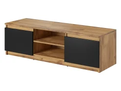 Móvel de TV simples 120 cm, para televisor, 2 armários e prateleiras, estrutura carvalho wotan, frentes preto mate