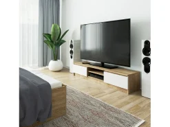 Móvel de TV Sonoma Carvalho/Banco - 160 cm, Portas Rebatíveis, Prateleiras Integradas, Design Moderno e Funcional
