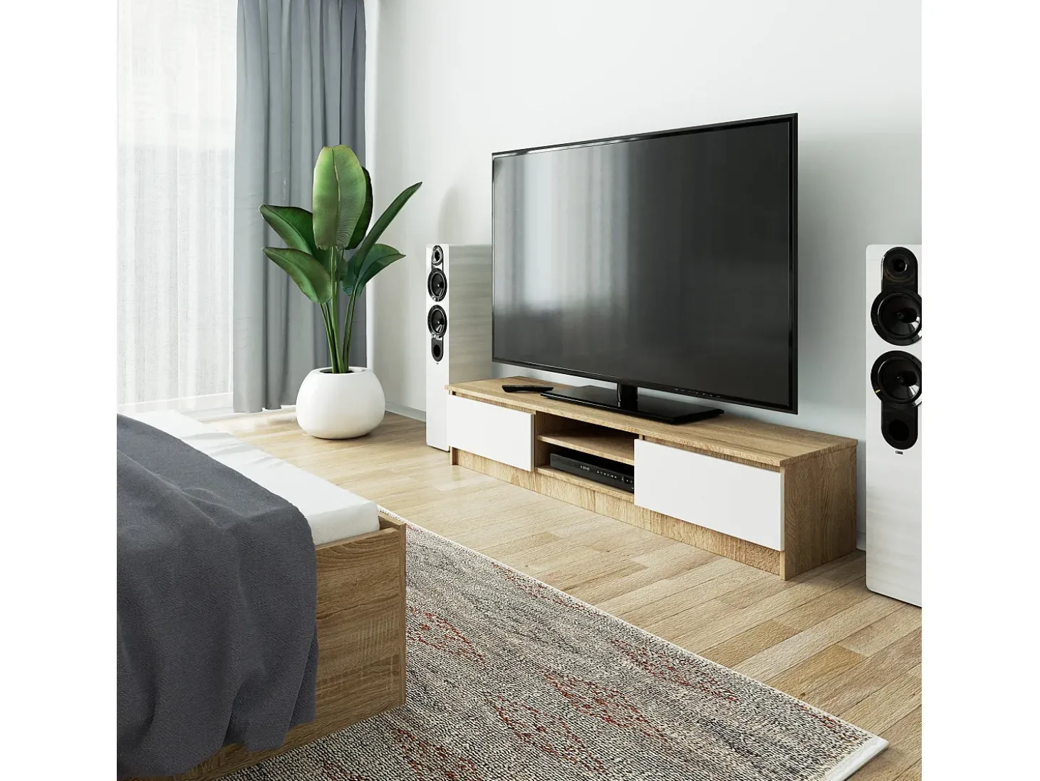 Móvel de TV Sonoma Carvalho/Banco - 160 cm, Portas Rebatíveis, Prateleiras Integradas, Design Moderno e Funcional