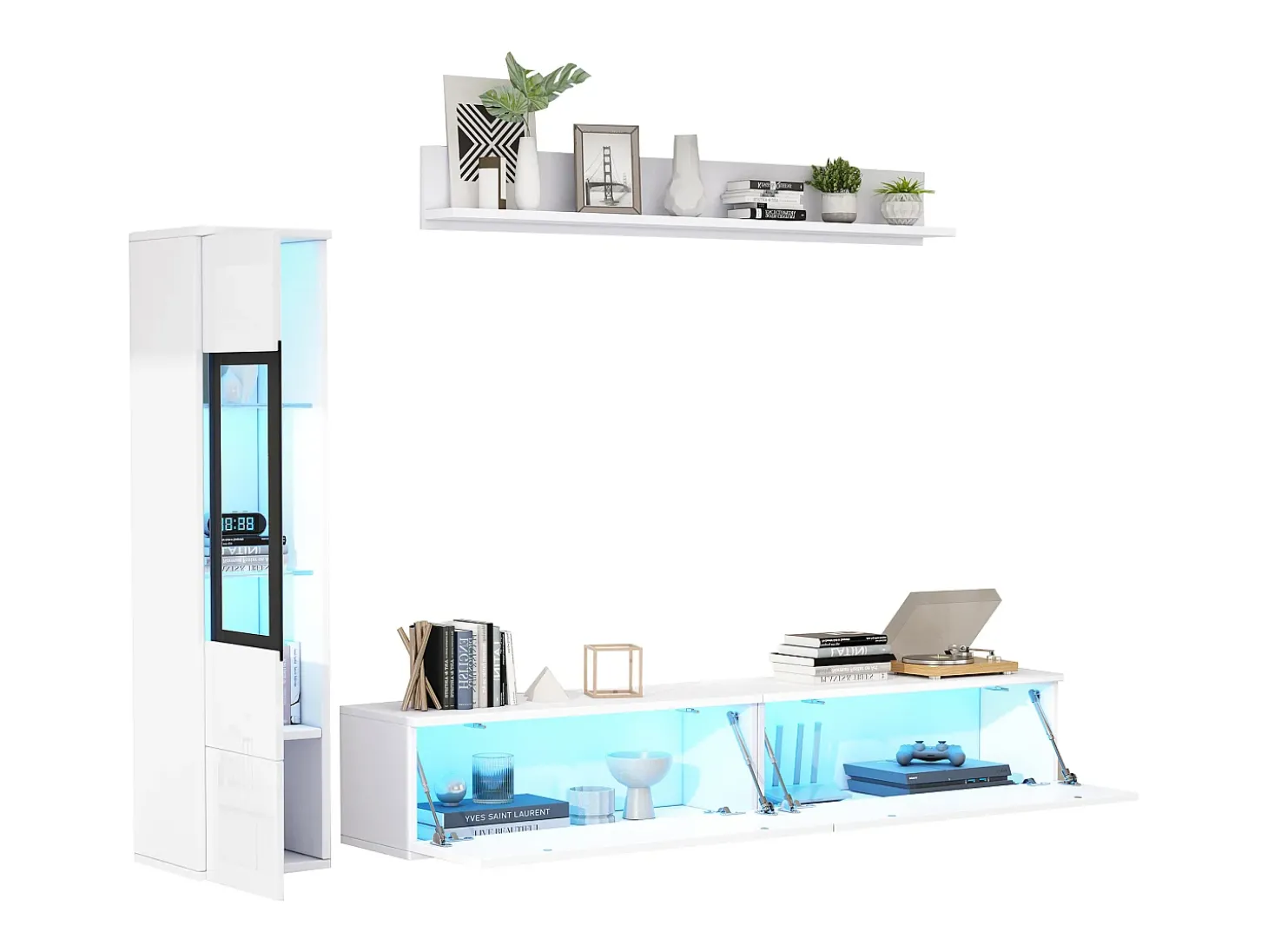 Móvel de TV suspenso + conjunto de vitrine de sala - LEDs - Aglomerado - Branco brilhante