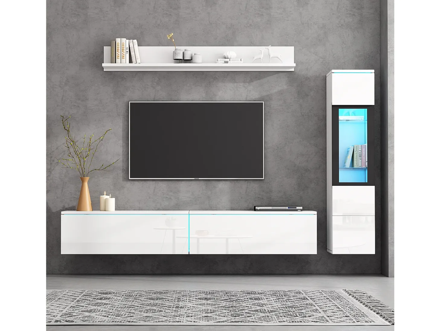 Móvel de TV suspenso + conjunto de vitrine de sala - LEDs - Aglomerado - Branco brilhante