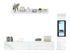 Móvel de TV suspenso + conjunto de vitrine de sala - LEDs - Aglomerado - Branco brilhante