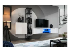 Móvel de TV suspenso 180cm com 2 portas e nichos iluminados coleção SWITCH. Móvel na cor branca.