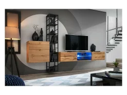 Móvel de TV suspenso de 180 cm com 2 portas e nichos iluminados. Móvel na cor carvalho Wotan. Coleção SWITCH.