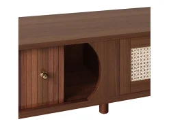 Móvel de TV vintage em nogueira com 2 portas de madeira natural e 1 gaveta de vime, 170 x 39,5 x 38 cm