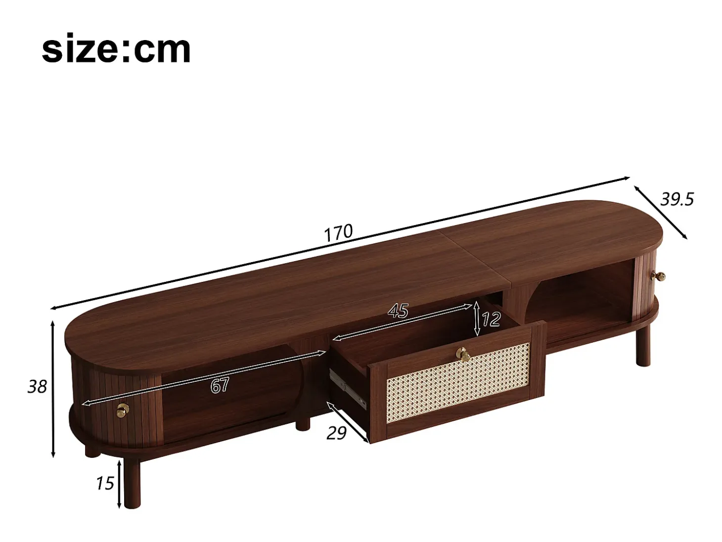 Móvel de TV vintage em nogueira com 2 portas de madeira natural e 1 gaveta de vime, 170 x 39,5 x 38 cm