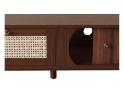 Móvel de TV vintage em nogueira com 2 portas de madeira natural e 1 gaveta de vime, 170 x 39,5 x 38 cm