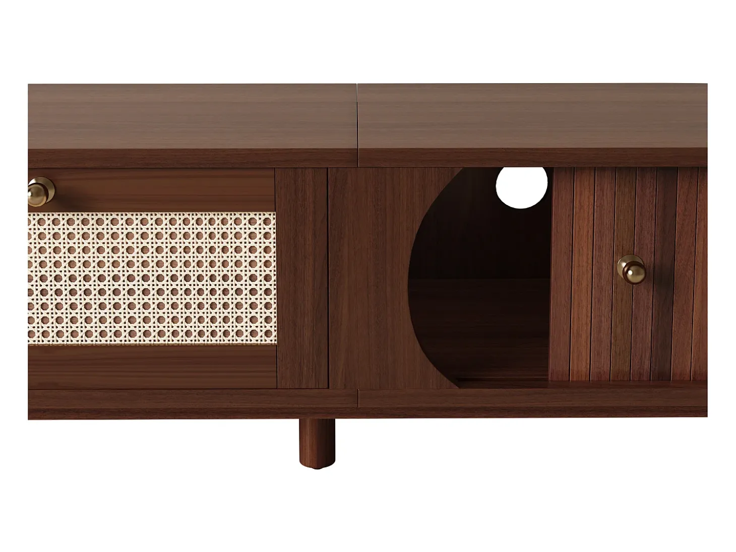 Móvel de TV vintage em nogueira com 2 portas de madeira natural e 1 gaveta de vime, 170 x 39,5 x 38 cm