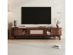 Móvel de TV vintage em nogueira com 2 portas de madeira natural e 1 gaveta de vime, 170 x 39,5 x 38 cm