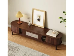 Móvel de TV vintage em nogueira com 2 portas de madeira natural e 1 gaveta de vime, 170 x 39,5 x 38 cm