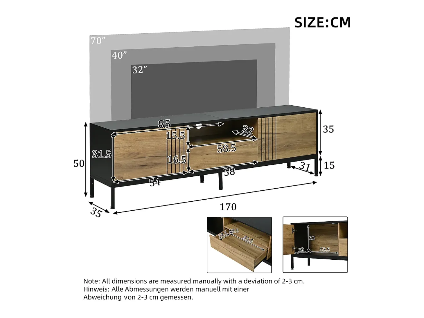 Móvel de TV 170x35x50 cm - 2 portas e 1 gaveta - TV até 70 polegadas - Painéis de partículas - Natural e preto