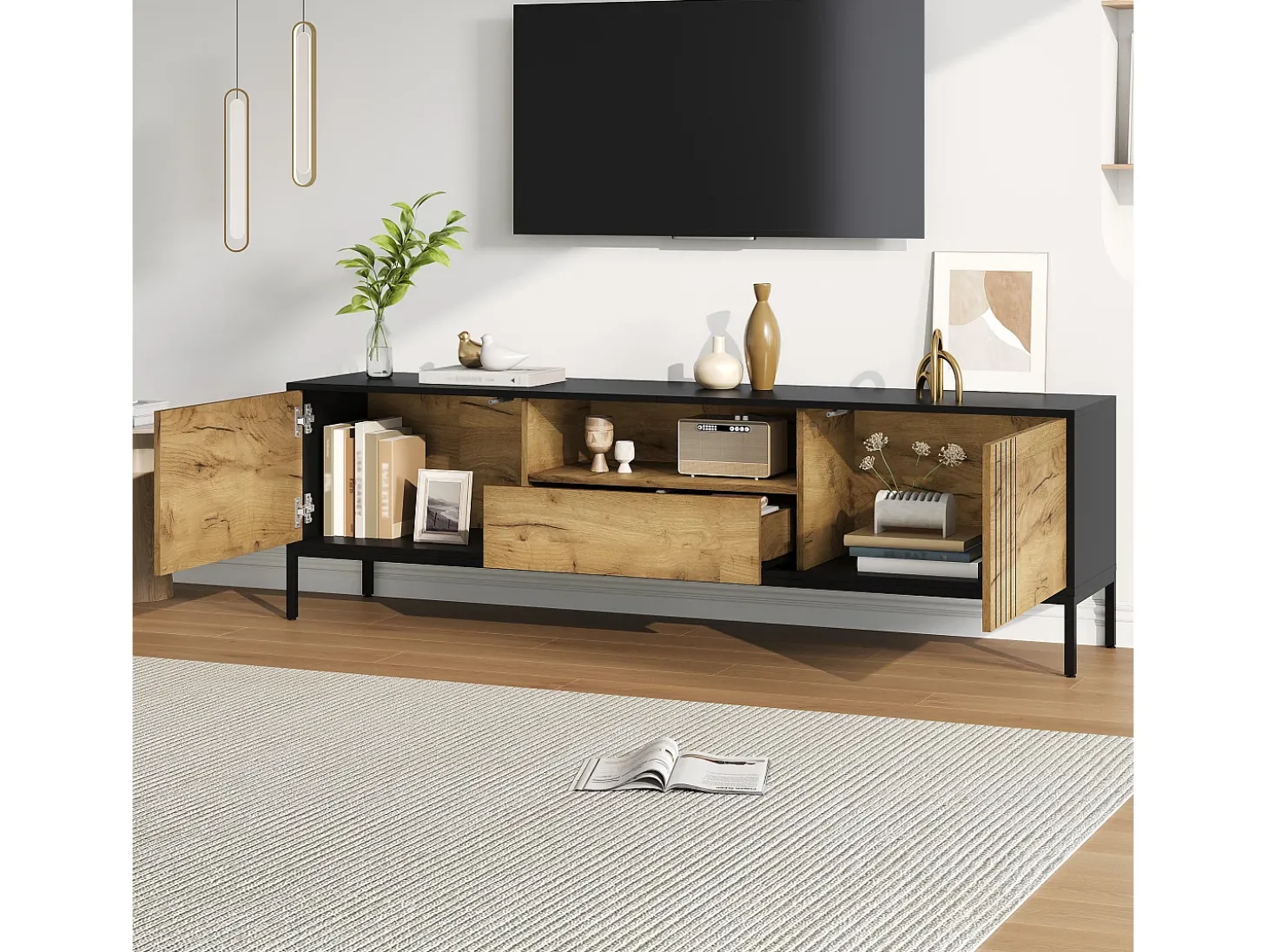 Móvel de TV 170x35x50 cm - 2 portas e 1 gaveta - TV até 70 polegadas - Painéis de partículas - Natural e preto