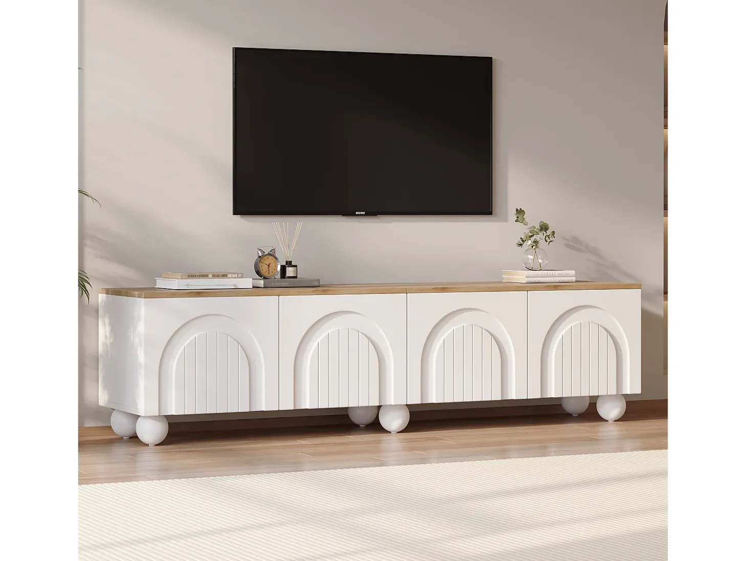 Móvel de TV 180x40x45 cm - 4 portas - design moderno - MDF - Branco + Natural
