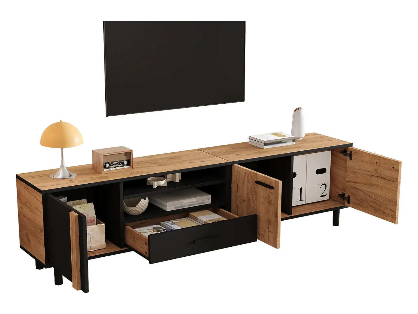 Móvel de TV 180x32.5x50 cm - 3 portas e 1 gaveta - Armazenamento semifechado - Painéis de partículas - Preto e natural