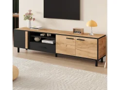 Móvel de TV 180x32.5x50 cm - 3 portas e 1 gaveta - Armazenamento semifechado - Painéis de partículas - Preto e natural