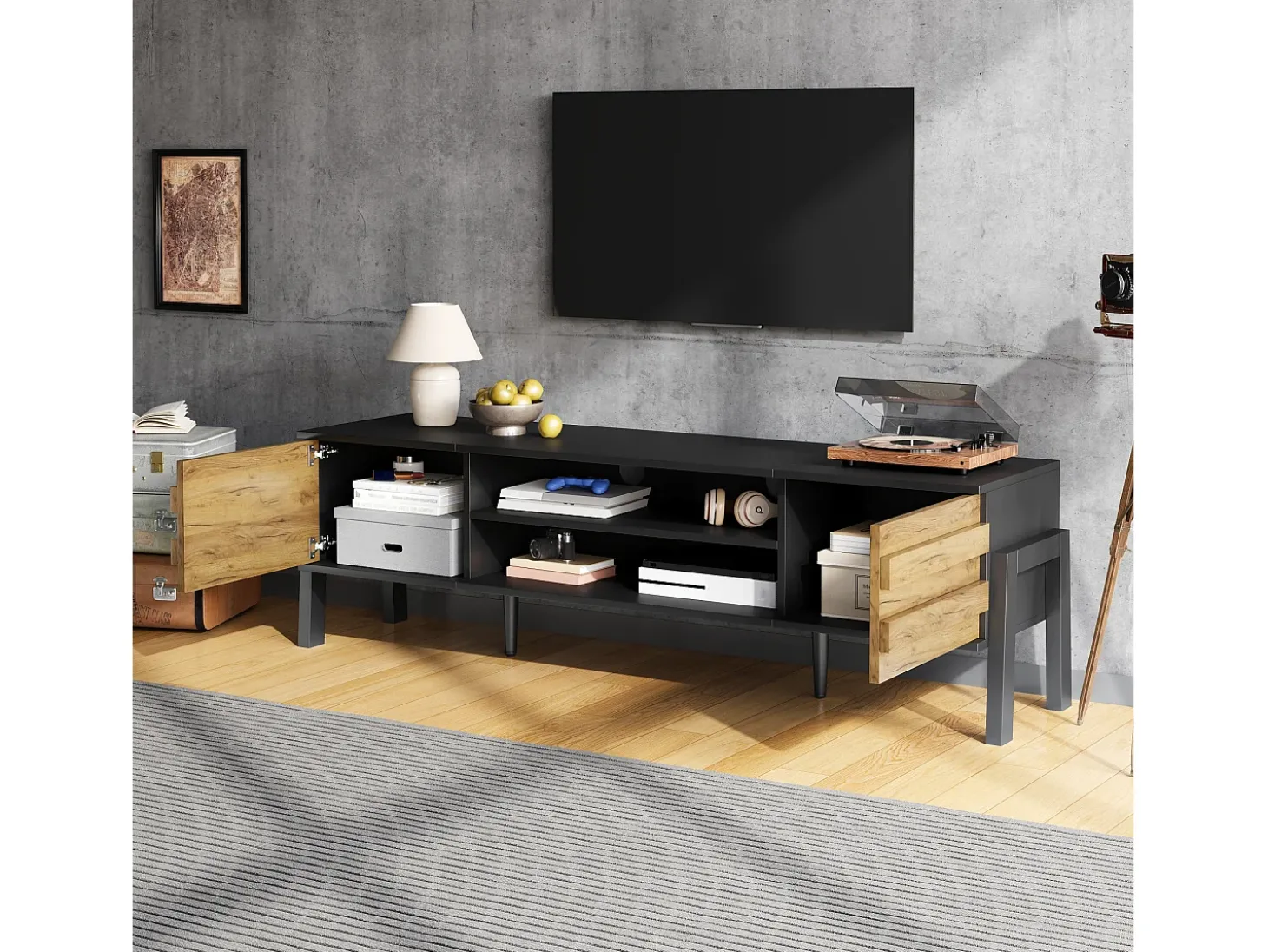 Móvel de TV 175x39,5x53 cm - 2 portas e armazenamento aberto - Painéis de partículas - Natural e preto