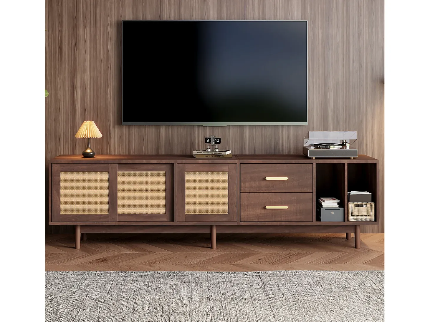 Móvel de TV 190x40x52 cm - com 2 gavetas - com compartimentos de armazenamento - para TV de 75" - castanho