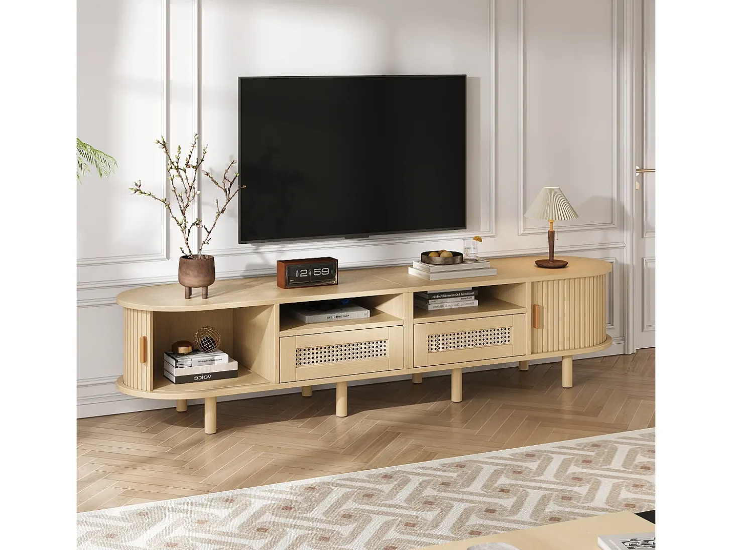 Móvel de TV 170x40x40 cm - com 2 gavetas de rattan - 2 portas corrediças - MDF - Natural