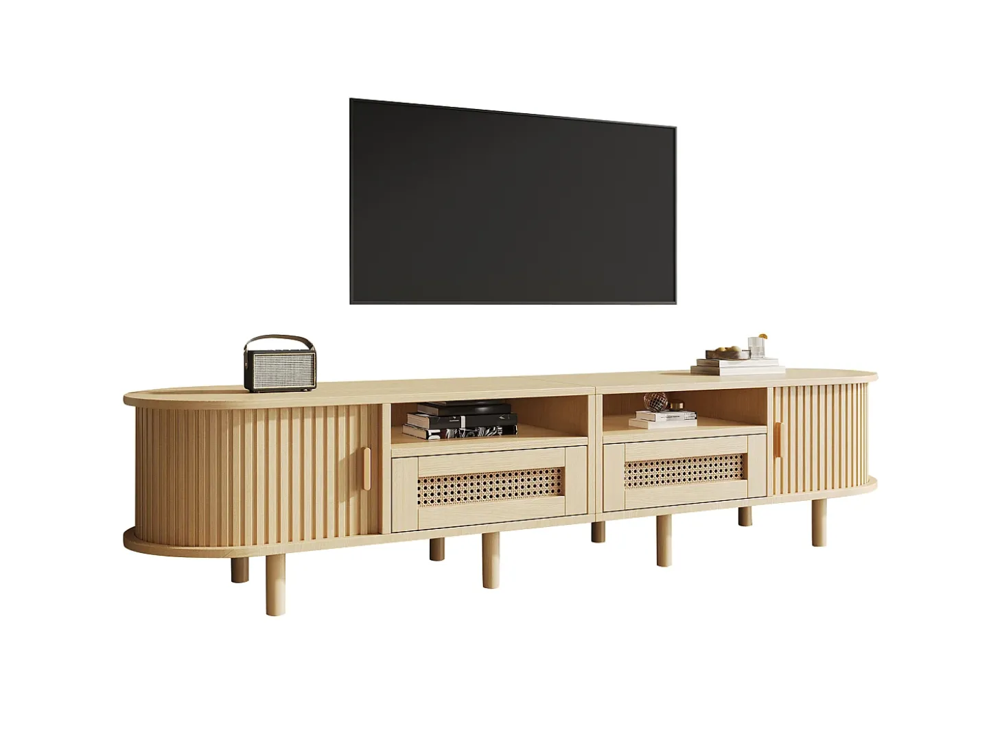 Móvel de TV 170x40x40 cm - com 2 gavetas de rattan - 2 portas corrediças - MDF - Natural