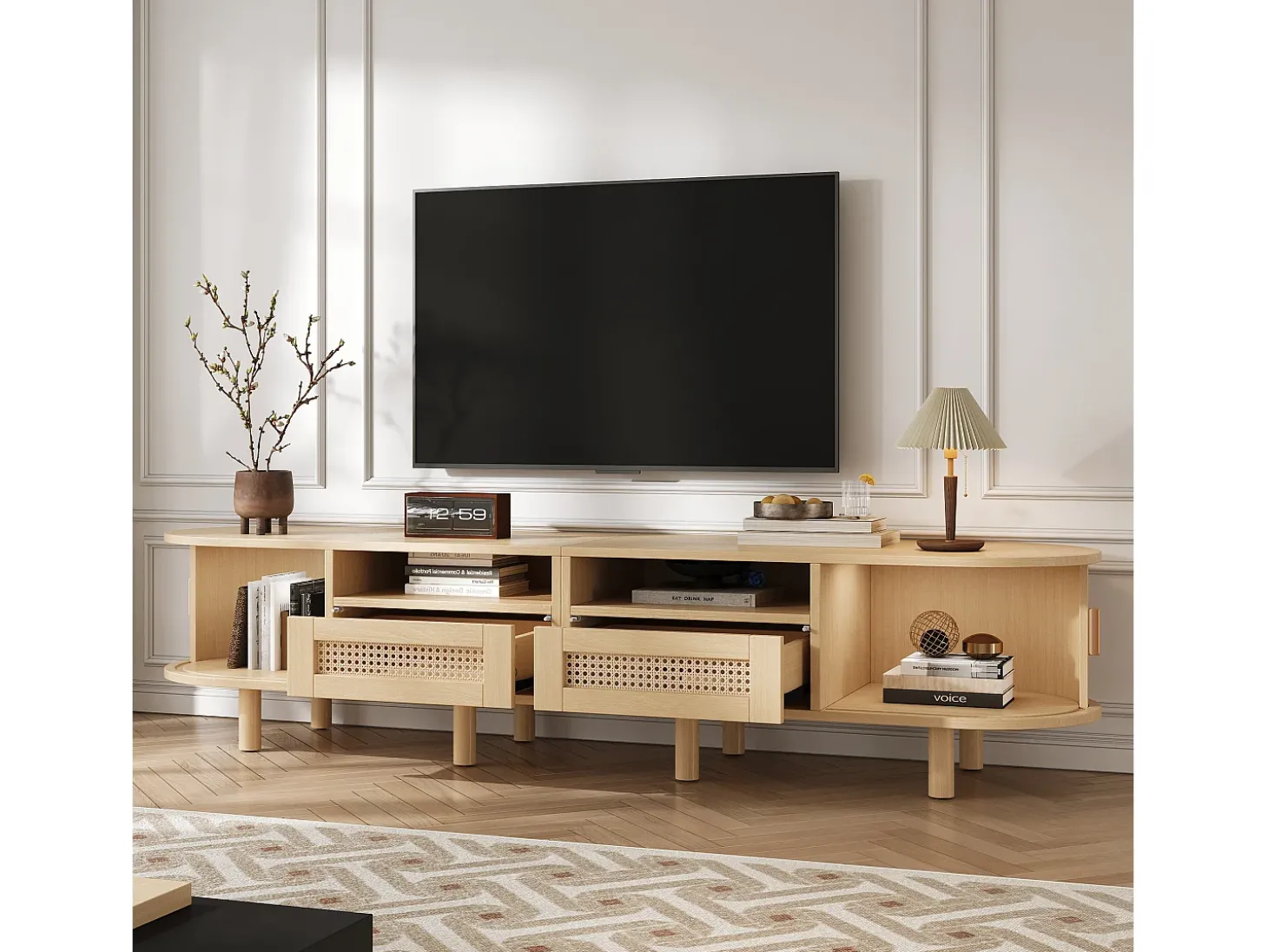 Móvel de TV 170x40x40 cm - com 2 gavetas de rattan - 2 portas corrediças - MDF - Natural