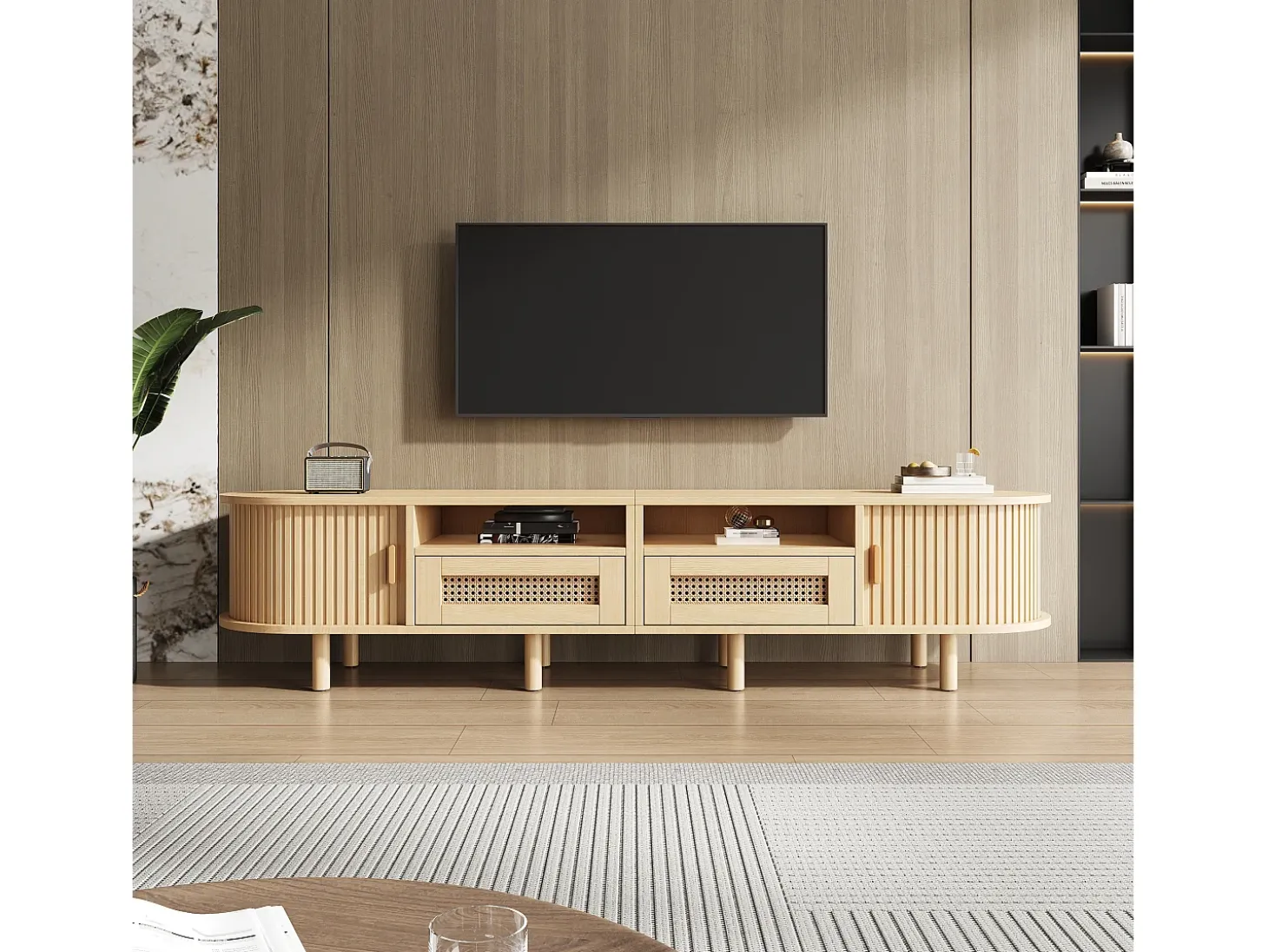Móvel de TV 170x40x40 cm - com 2 gavetas de rattan - 2 portas corrediças - MDF - Natural