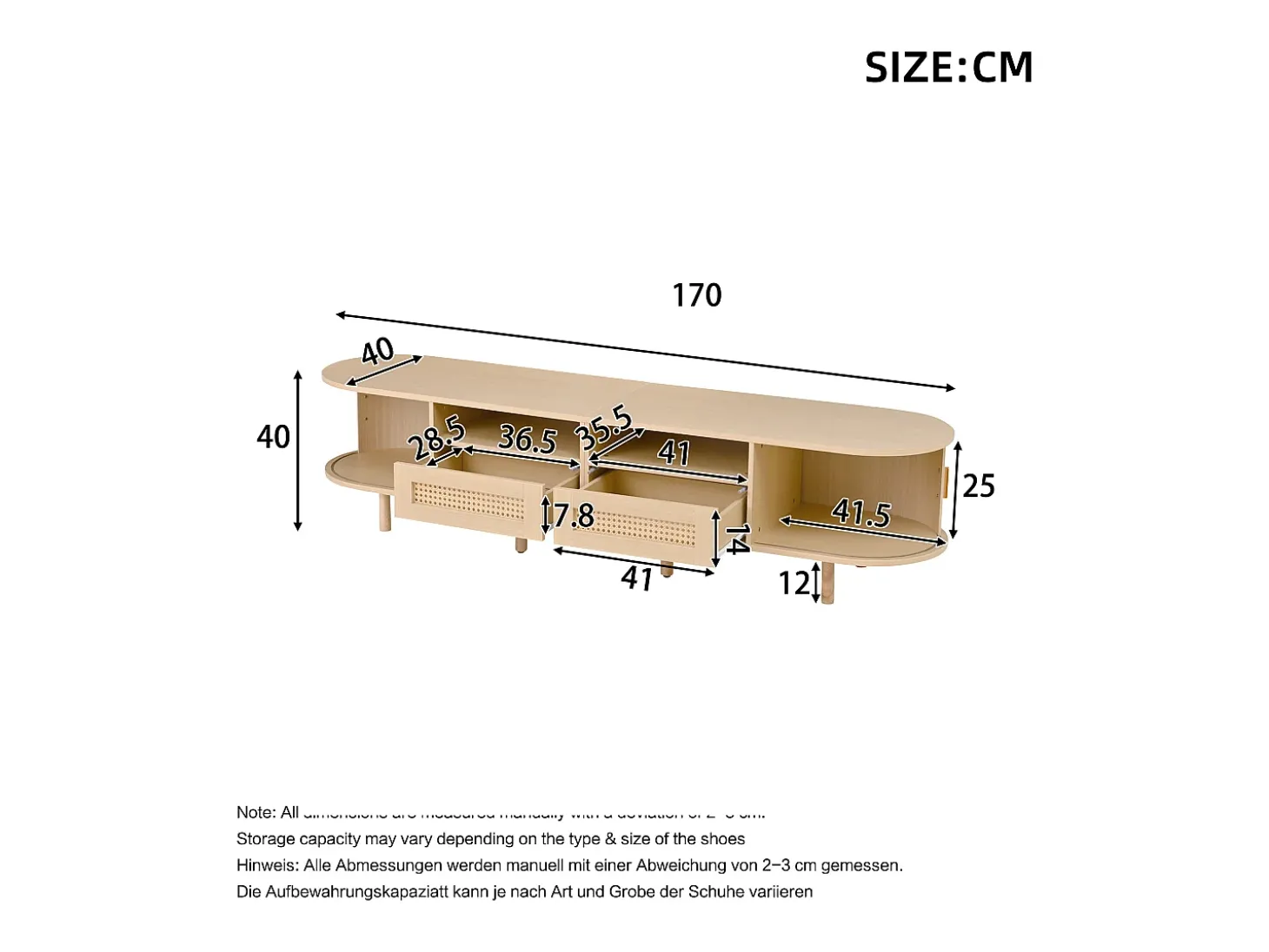 Móvel de TV 170x40x40 cm - com 2 gavetas de rattan - 2 portas corrediças - MDF - Natural