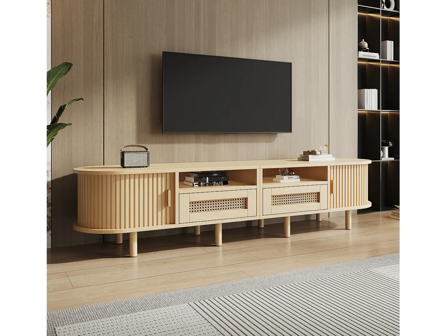 Móvel de TV 170x40x40 cm - com 2 gavetas de rattan - 2 portas corrediças - MDF - Natural