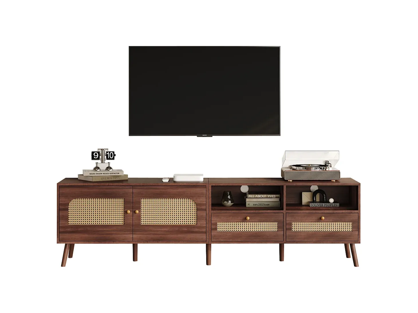 Móvel de TV 200x37x49,5 cm - com 2 portas de vime - 2 gavetas - para TV de 80 polegadas - castanho