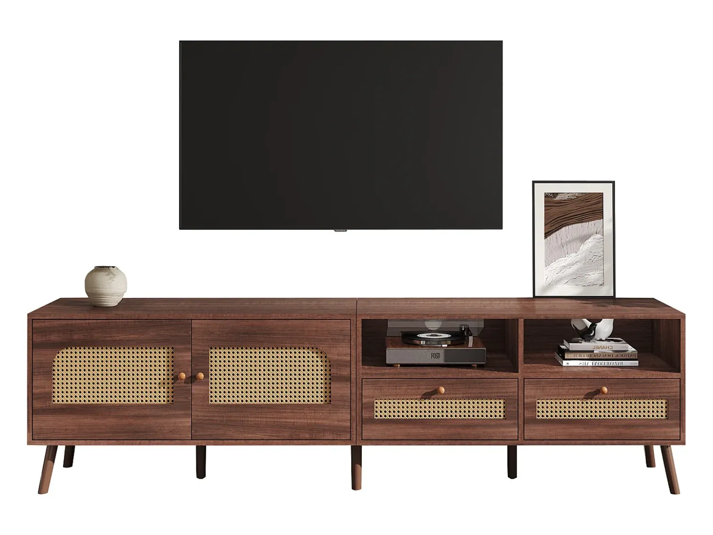 Móvel de TV 200x37x49,5 cm - com 2 portas de vime - 2 gavetas - para TV de 80 polegadas - castanho