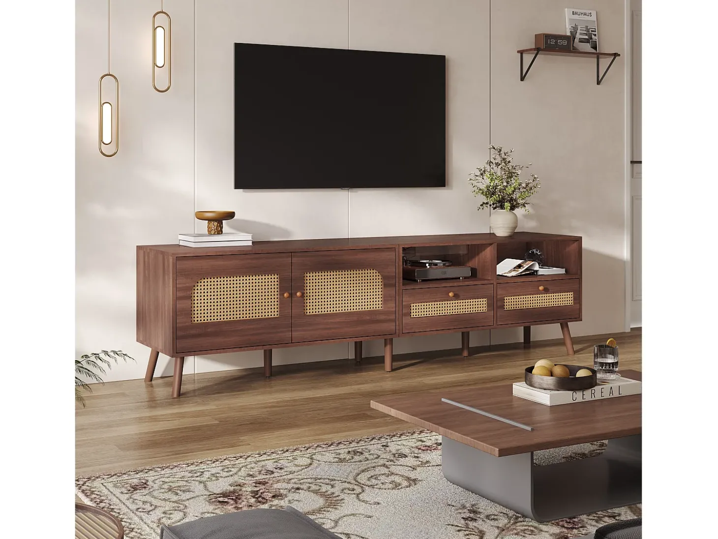Móvel de TV 200x37x49,5 cm - com 2 portas de vime - 2 gavetas - para TV de 80 polegadas - castanho