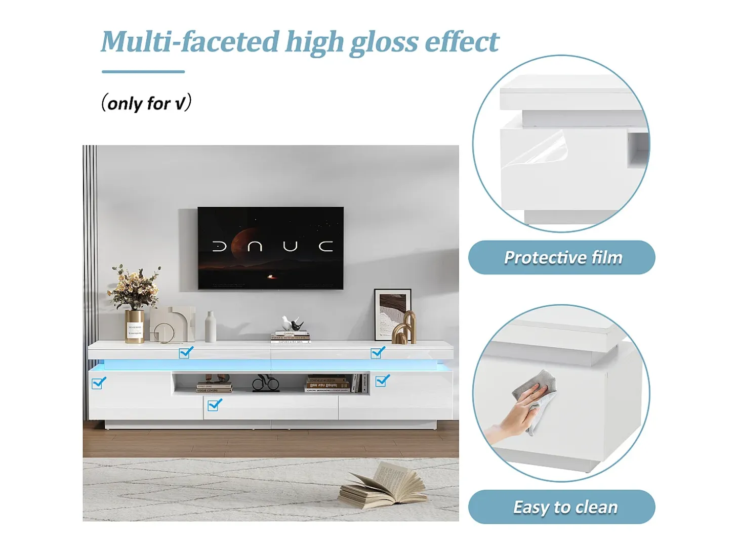 Móvel de TV 175x38x45 cm - com 2 portas e 1 gaveta - com iluminação LED - Acabamento brilhante - Branco