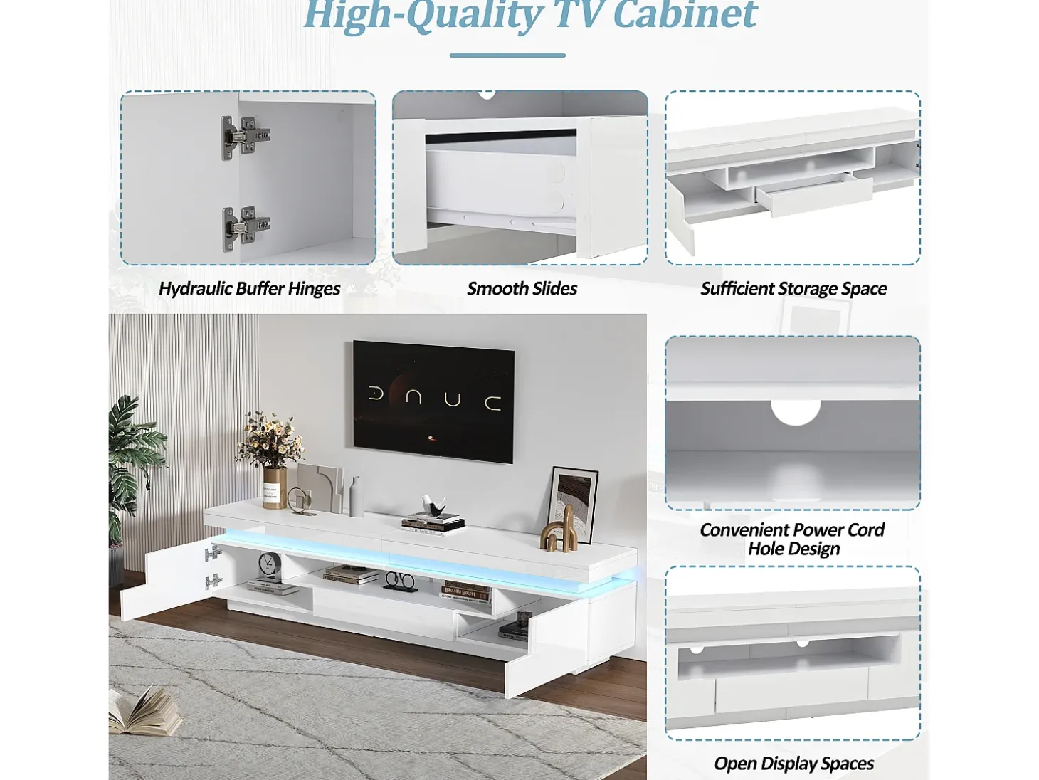 Móvel de TV 175x38x45 cm - com 2 portas e 1 gaveta - com iluminação LED - Acabamento brilhante - Branco