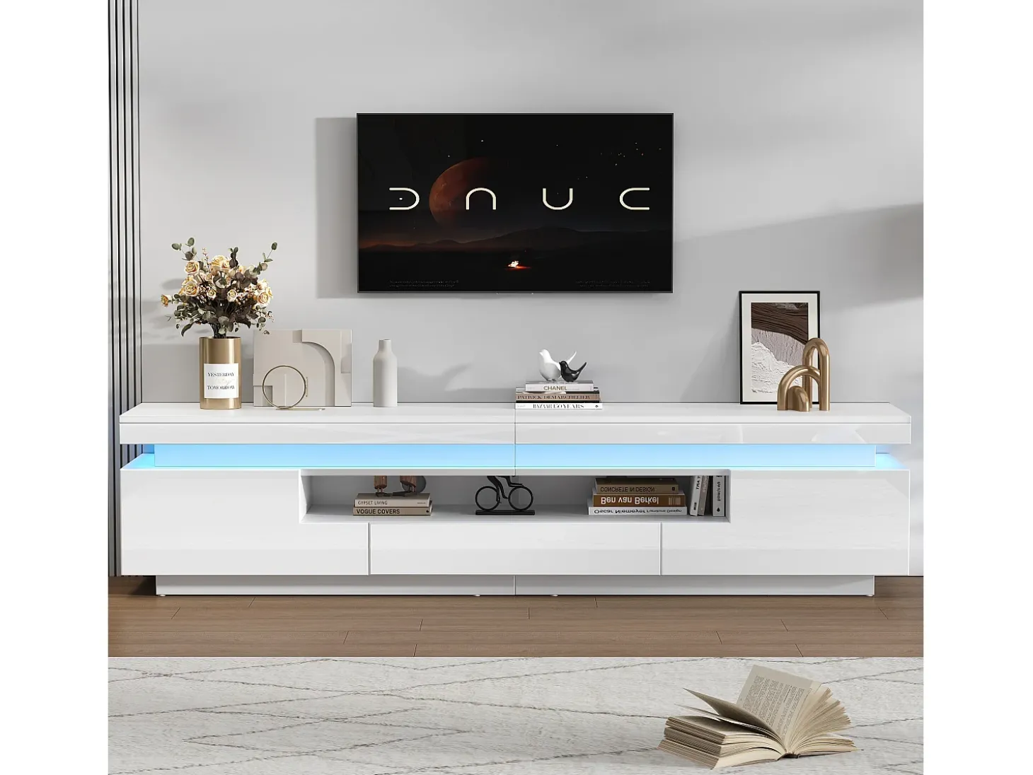 Móvel de TV 175x38x45 cm - com 2 portas e 1 gaveta - com iluminação LED - Acabamento brilhante - Branco