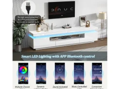 Móvel de TV 175x38x45 cm - com 2 portas e 1 gaveta - com iluminação LED - Acabamento brilhante - Branco