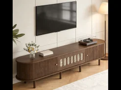 Móvel de TV 180x40x40 cm - Design em rattan - 2 portas de enrolar e 1 porta basculante - MDF - Marrom