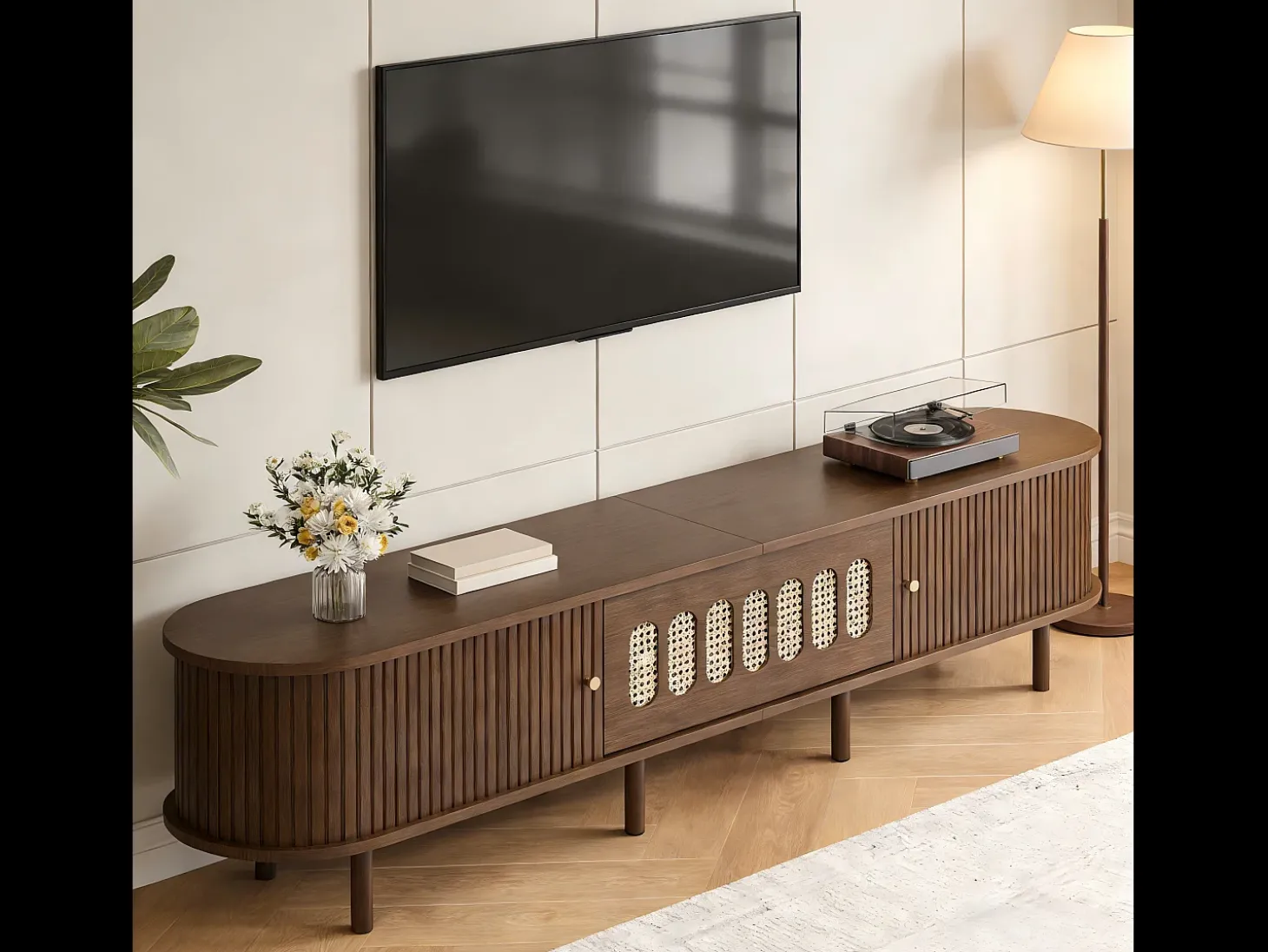 Móvel de TV 180x40x40 cm - Design em rattan - 2 portas de enrolar e 1 porta basculante - MDF - Marrom