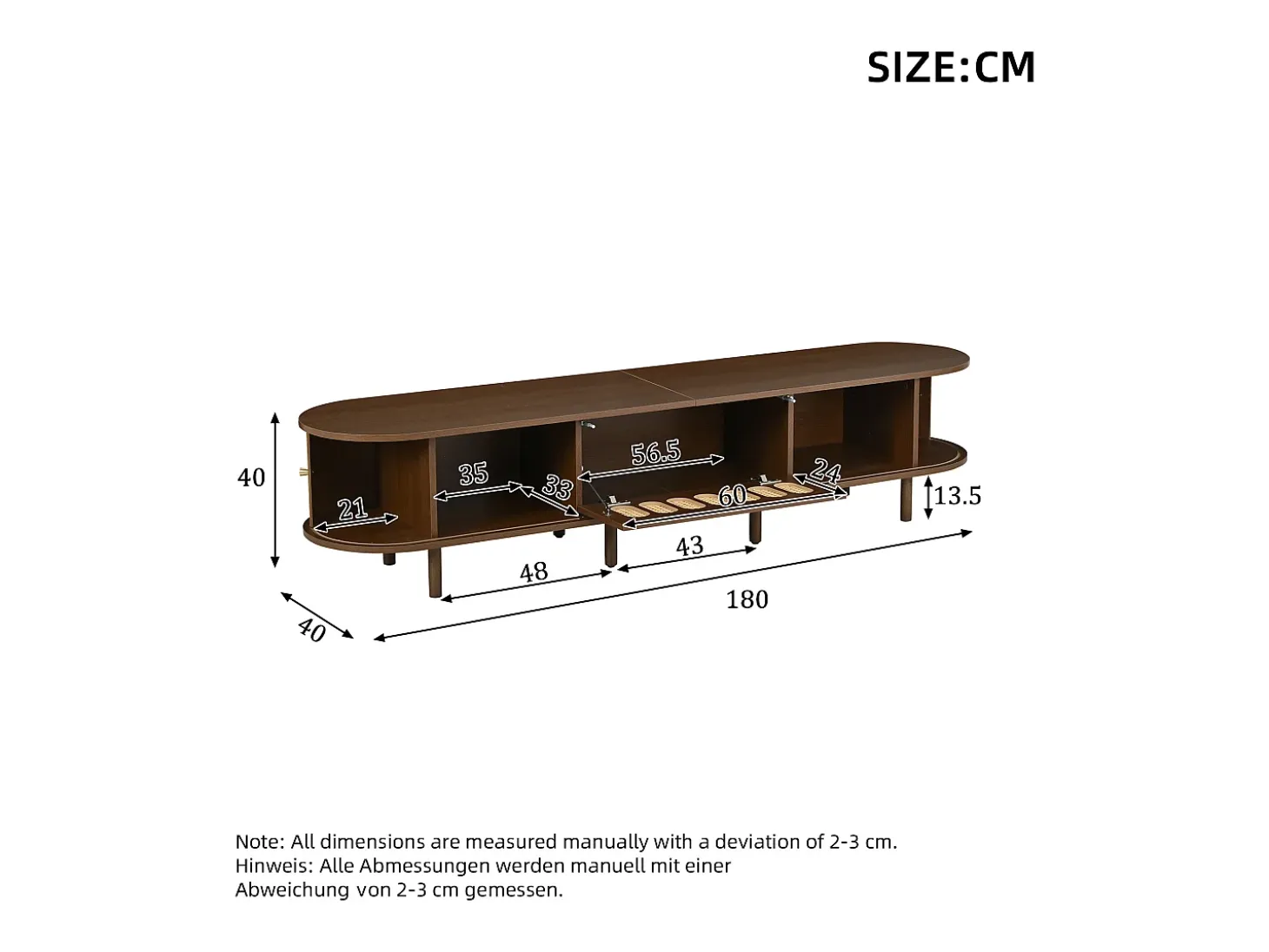 Móvel de TV 180x40x40 cm - Design em rattan - 2 portas de enrolar e 1 porta basculante - MDF - Marrom