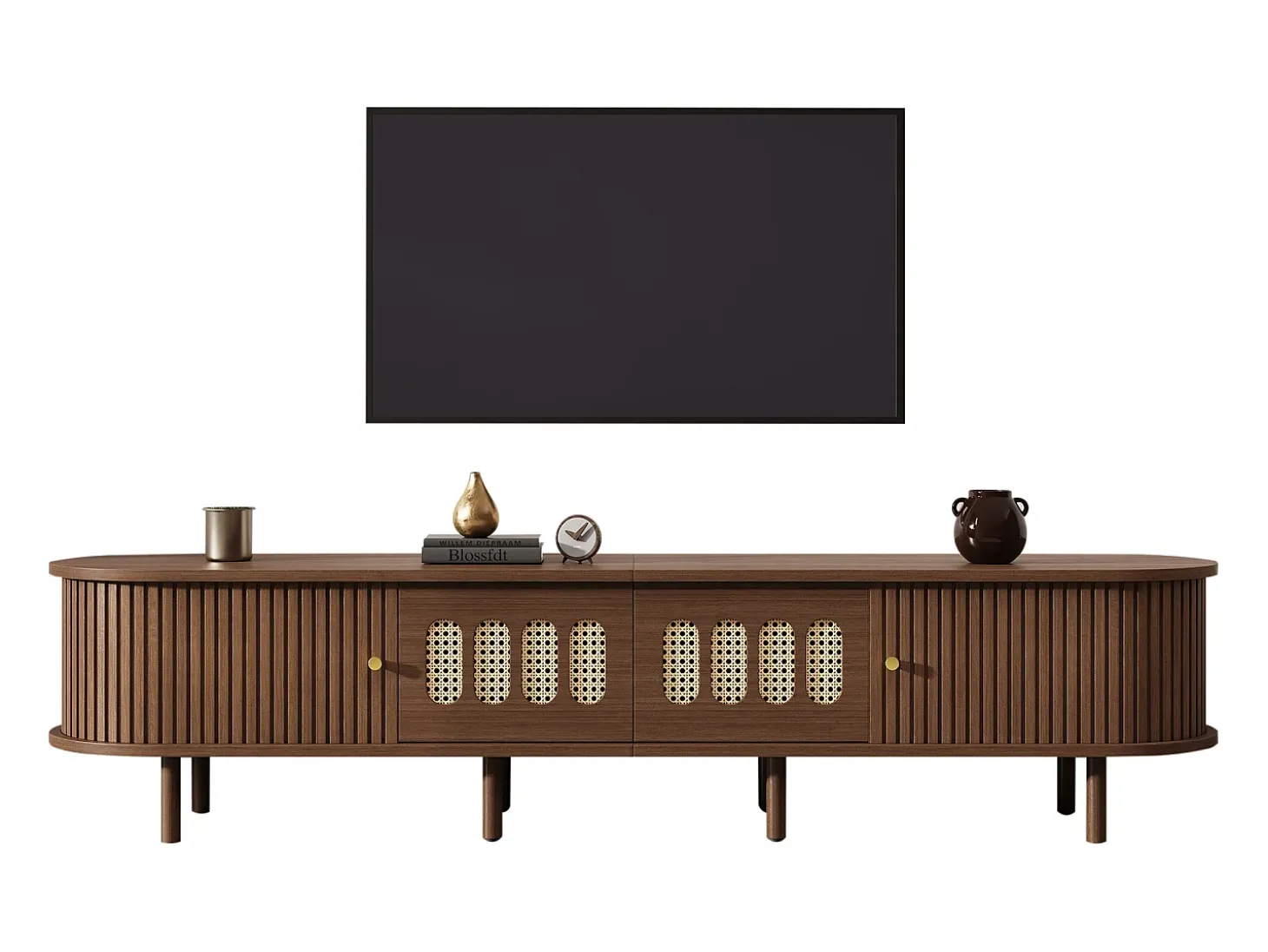 Móvel de TV 180x40x40 cm - Design em rattan - 2 gavetas e 2 portas de correr - MDF - Marrom