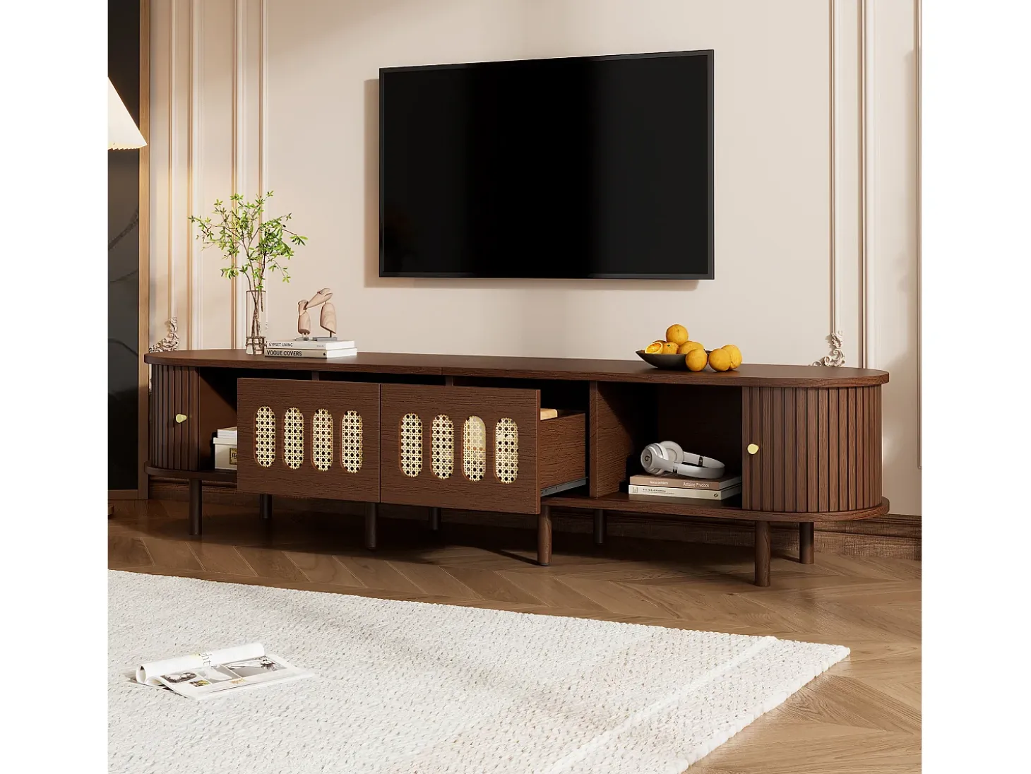 Móvel de TV 180x40x40 cm - Design em rattan - 2 gavetas e 2 portas de correr - MDF - Marrom