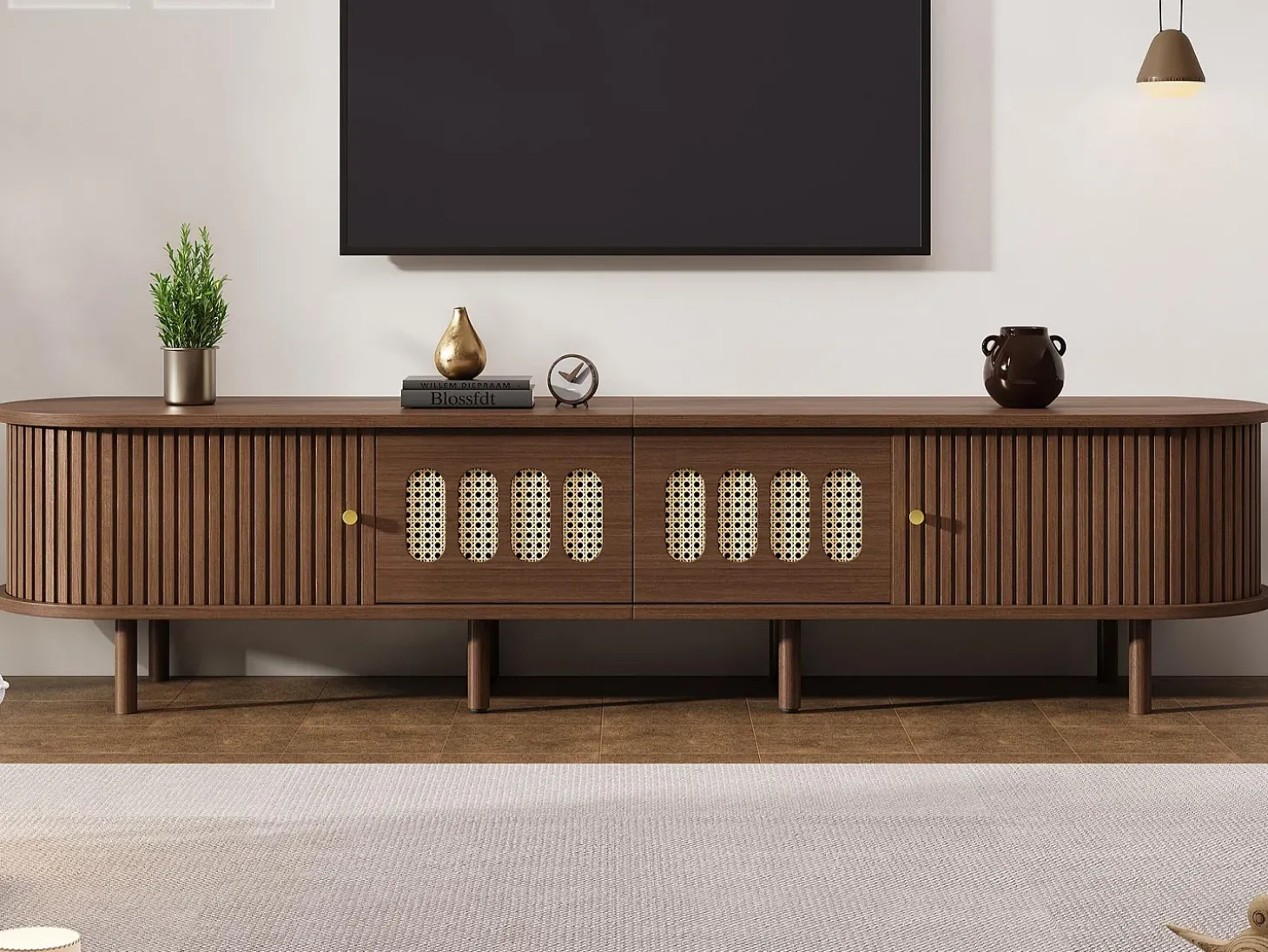 Móvel de TV 180x40x40 cm - Design em rattan - 2 gavetas e 2 portas de correr - MDF - Marrom