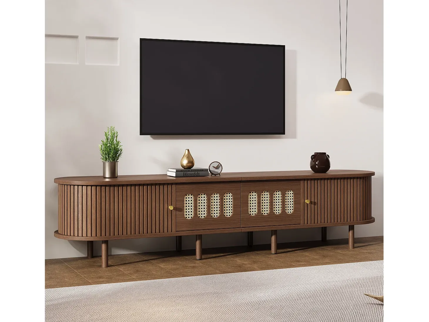 Móvel de TV 180x40x40 cm - Design em rattan - 2 gavetas e 2 portas de correr - MDF - Marrom