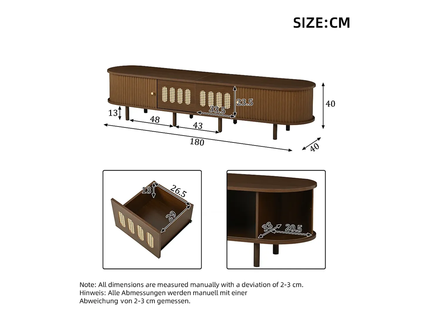 Móvel de TV 180x40x40 cm - Design em rattan - 2 gavetas e 2 portas de correr - MDF - Marrom