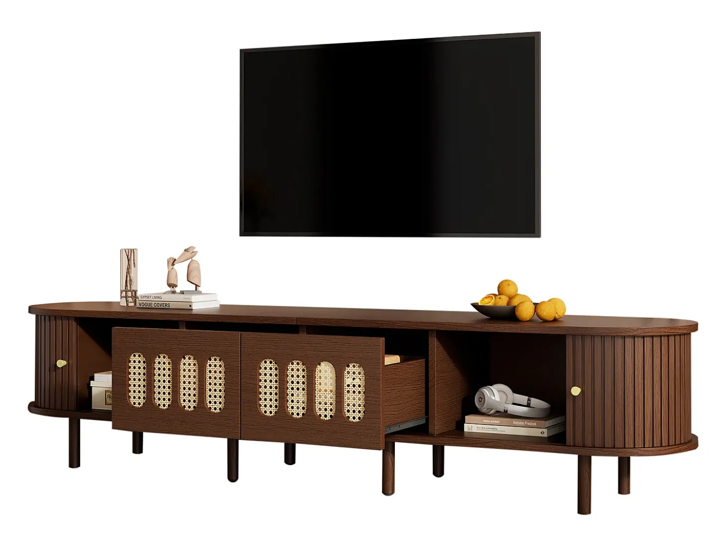 Móvel de TV 180x40x40 cm - Design em rattan - 2 gavetas e 2 portas de correr - MDF - Marrom