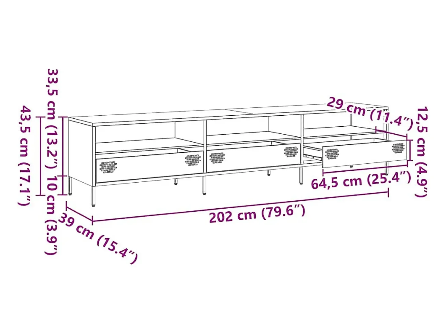 Móvel de TV 202x39x43,5 cm aço laminado a frio rosa